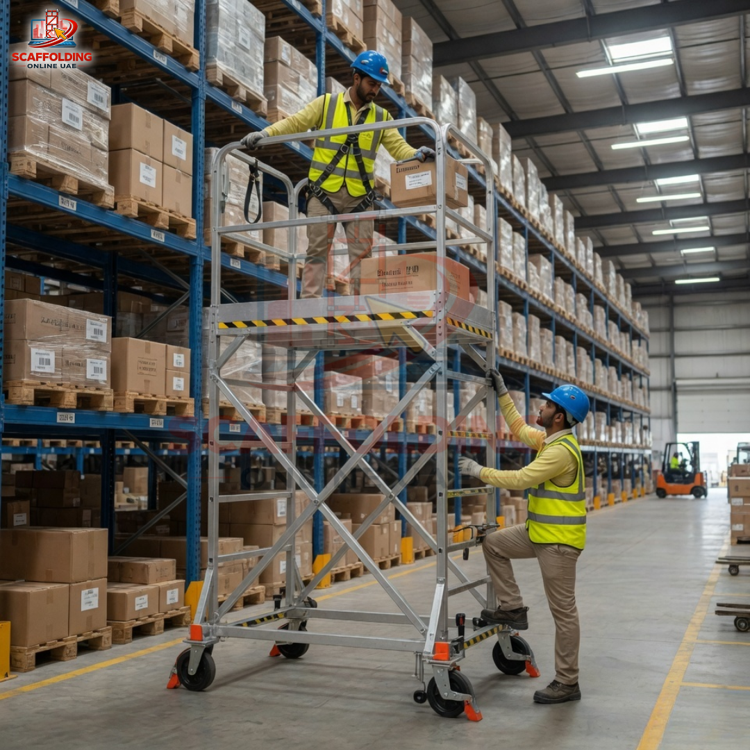 Workers using mobile scaffold tower for warehouse maintenance and material handling in UAE