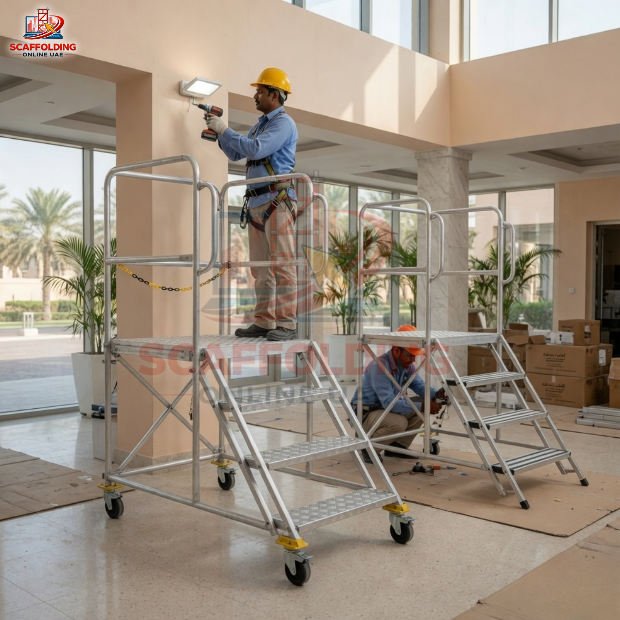 Workers using aluminium podium scaffolding with steps for indoor maintenance work in UAE