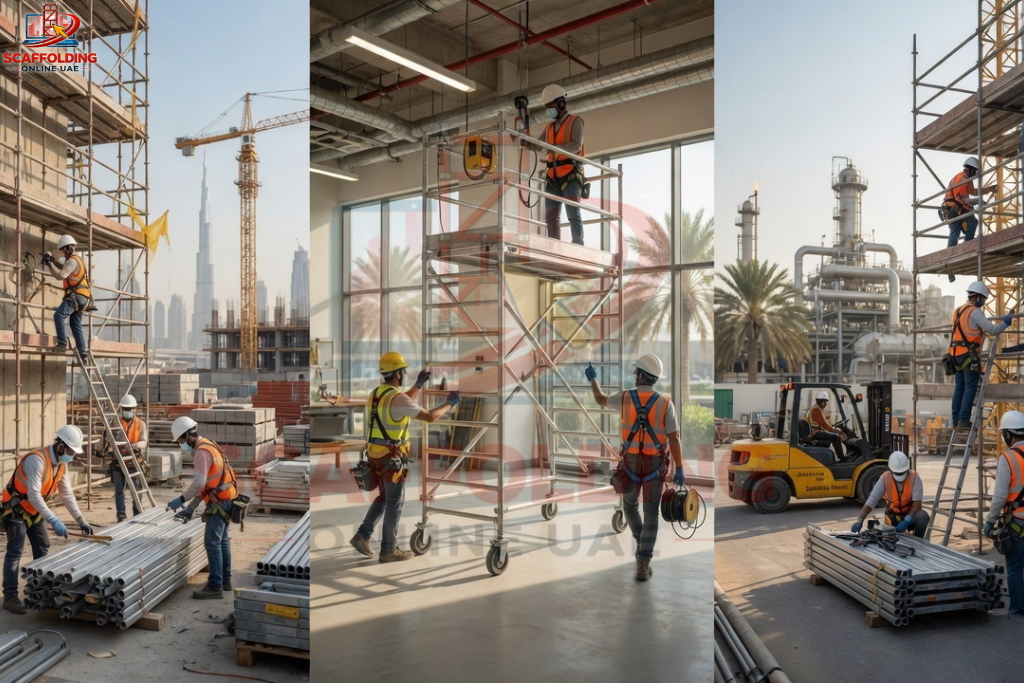Workers using mobile and fixed scaffolding systems for construction, indoor, and industrial projects in UAE