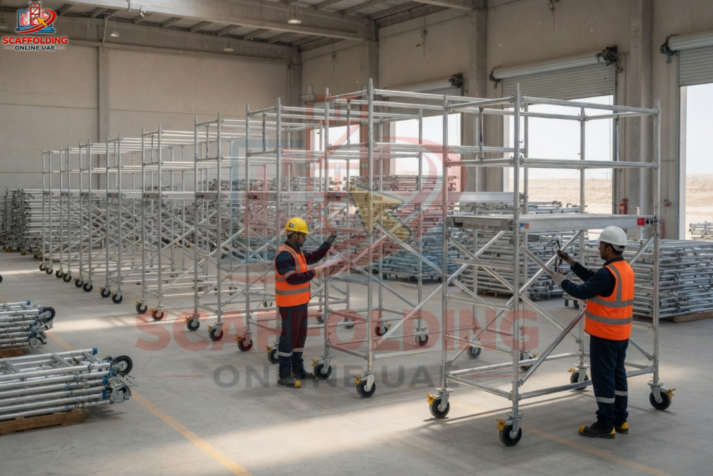 Workers assembling mobile aluminium scaffold towers in warehouse for rental use in UAE