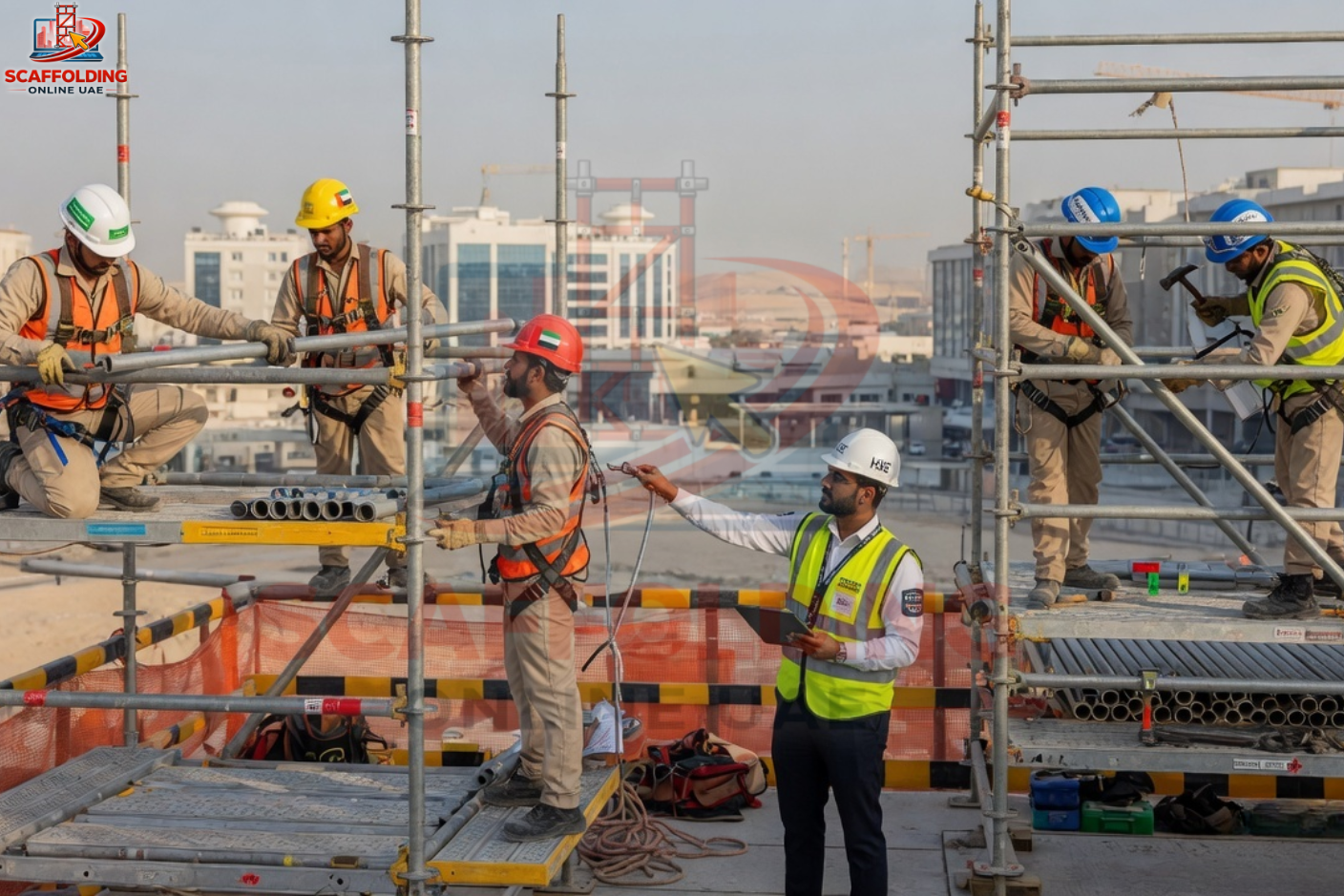 Certified scaffolders installing scaffolding with supervisor inspection and safety compliance on UAE construction site