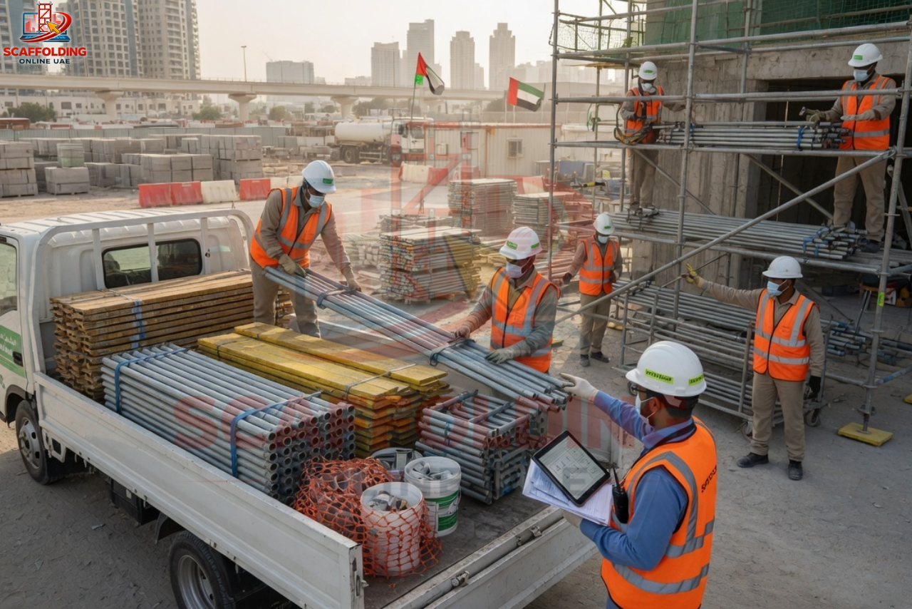Scaffolding materials delivery and installation work in UAE construction site with workers handling pipes and platforms