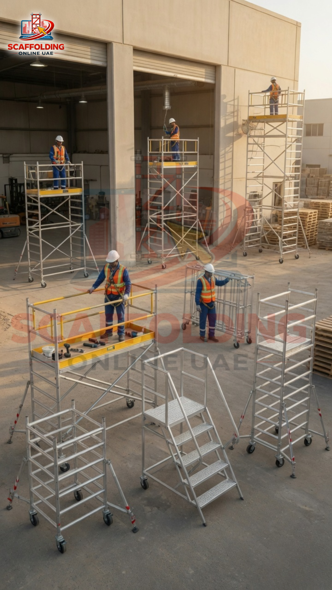 Full range of aluminium scaffolding towers, podiums, ladders, and stair units for rental in UAE