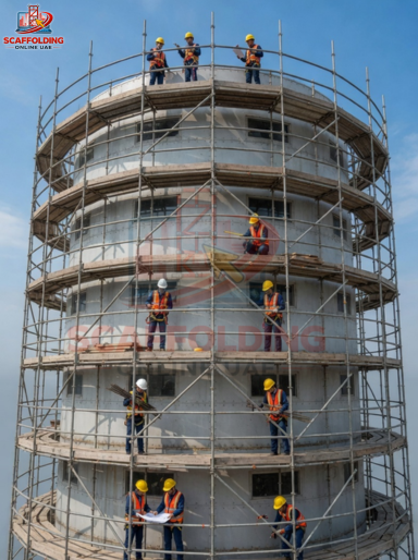 Workers installing scaffolding on a circular building under construction with full safety gear